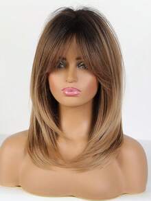 18 Inch Black & Brown Layered Wig With Bangs, Soft & Easy To Style Synthetic Hair, Suitable For Daily Wear, Work, Holidays, Halloween, Christmas, Gift For Women - Brown Ombre - View 4