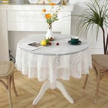 1pc White Romantic Daisy Flower Embroidered Lace Edging Round Tablecloth - Clear - View 3