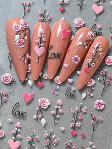 1pc 5D Relief Rose Heart Flower Nail Art Stickers Charming Spring Elegant Pink White Floral Branches Nail Decals 6*10cm Self-Adhesive Nail Decoration - Baby Pink - View 6