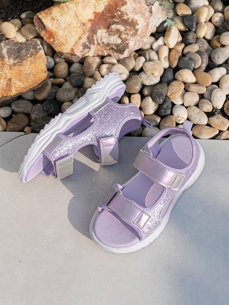 1 Pair Girls' Purple Glitter Hook And Loop Strap Casual Sports Sandals - Purple - View 4