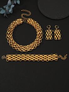 Gold Chunky Chain Necklace, Earrings, Bracelet Jewelry Set For Women, Suitable For Party, Wedding, Dubai, Nigeria Bridal Wedding Jewelry Accessories - Gold - View 3