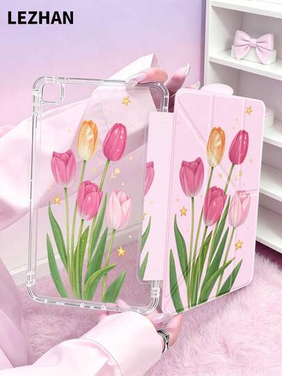 1pc Transparent Tulip Floral Painted Foldable Flat Tablet Protective Case, Multi-Angle Rotatable Tablet Stand Protective Cover, Compatible With 2025/10th Gen/10.2" Pro 11 2021/2020/Mini6&7, Galaxy Tab A8 10.5" 2022, With Pencil Slot, Anti-Drop, Tablet Stand Protective Shell, Romantic And Practical Gift For Tablet Users