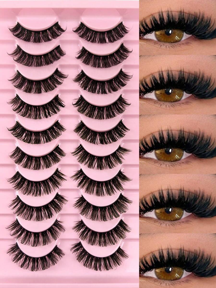 10 Pairs D Curl Russian Strip False Eyelashes Volume Fluffy 3D Faux Mink Lashes Volume Wispy Long Foxy Eye Lifting Look Eyelashes