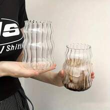 TUMATICLY 6PCS Glass Coffee Mug With Straw, Vintage Stripe Design, Office Simple Water Cup, Suitable For Iced Coffee And Drinks, Commercial Coffee Mug, Mug, Drinking Utensils, Holiday Gifts, Gift With Straw Cleaning Brush! - 透明 - 查看 5