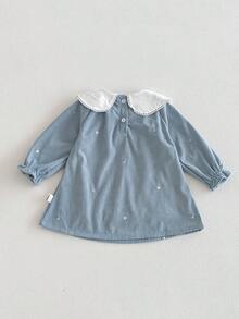 春秋季韩版女童刺绣领长袖公主裙 - 霧霾藍 - 查看 2