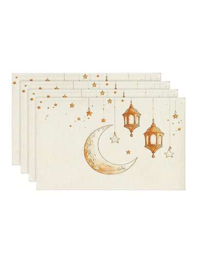 1/4/6pcs Modern Minimalist Crescent Moon & Arabic Lantern Style Placemats, Islamic Decor, Washable Heat-Resistant Table Mats Suitable For Home, Restaurant, Dining Room, Islamic/Muslim Festival Decoration