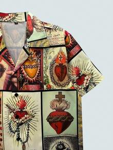 Modcrash 男士休闲印花心形十字架图案衬衫，复古时尚风格，适合春夏穿着，美式复古风，男女皆宜，宽松版型夏季服装——适合日常穿着和夏季度假穿着。 - 彩色 - 查看 4