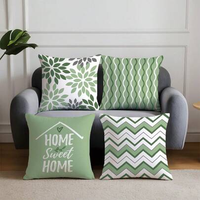 4pcs Minimalist White & Green Geometric "Home Sweet Home" Pattern Cushion Cover, Single-Sided Soft Peach Velvet Material, 45*45CM Pillow Case Suitable For Home Indoor Bedroom Living Room Party Decor, Sofa Decorative Throw Pillow Cover, Holiday Gift (Pillow Insert Not Included)