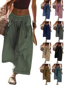 Women's Loose Wide Leg Track Pants Elastic Waist Drawstring Capri Hiking Pants With Pockets - Army Green - View 1