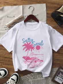 Camisetas de manga corta estampadas de 3 piezas para niñas preadolescentes, camisetas casuales de cuello redondo para verano, adecuadas para uniforme escolar diario, compras y juegos, ropa para niños estudiantes jóvenes, tops de verano para niños - Multicolor - Ver 6