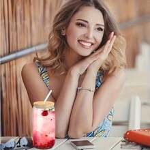 1pc 400/550ml Heat-Resistant Glass Cup With Lid & Straw, Flat Bottom, Suitable For Coffee, Milk Tea, Juice, Home & Office Use - Clear - View 5