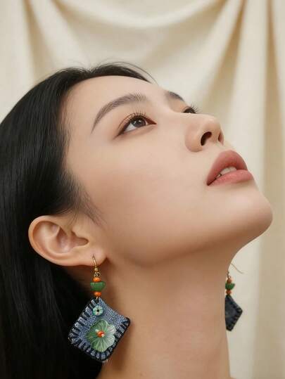 手作りデニムロータス花ピアス | レトロ ピアス、ニッチデザインピアス