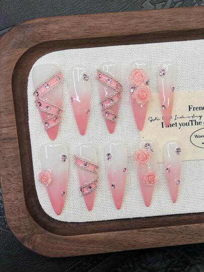 10pcs Y2K Nails Stiletto Press On Nails Set - Handcrafted, Pink Nails, White Nails, White And Pink Gradient Nails, Handmade 3D Silver Chain Nails Art, Hand Drawn Flower Design, Sparkling Rhinestone And Pink Flowers Decoration, Delicate Graceful Nails - Perfect For Parties & Casual Attire, Perfect Holiday Gift For Women And Girls