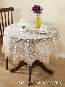 Cirelle 1 块欧根纱面料圆形桌布，带水溶性蕾丝花边，刺绣精美，适用于厨房、餐厅、客厅，多种尺寸可供选择，耐污，可用于家居装饰、节日、户外晚宴、野餐 - 米色 - 查看 4