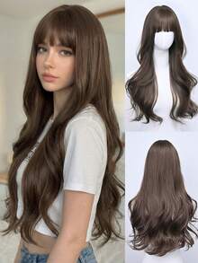 28 Inch Brown Wavy Wig For Women - With Bangs, Side Part, Adjustable Cap And Snug Fit | High Quality Synthetic Material, Long Hair Style - Camel - View 2