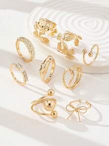 9件套金色蝴蝶结、泡泡、花朵叠戴戒指套装 - 金色 - 查看 4