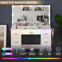 Vanity Desk With 38" Large Mirror And 9 LED Lights & Glass Top And Power Outlet, Adults Makeup Vanity With Chair And 7 Storage Drawers, Dressing Table Set For Bedroom, Modern White - 白色 - 查看 4