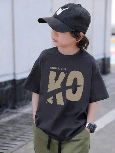 青少年男孩KO字母印花短袖T恤，1件装夏季上衣，适合大龄男孩