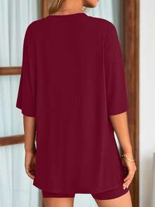PRETTYGARDEN Women's Summer Clothes 2 Piece Sets Lounge Set Casual Oversized Shirts Biker Shorts Matching Airport Travel Sweatsuit Set Women Vacation Outfit Dark Red Summer Brunch Outfits For Women - 暗紅色 - 查看 2