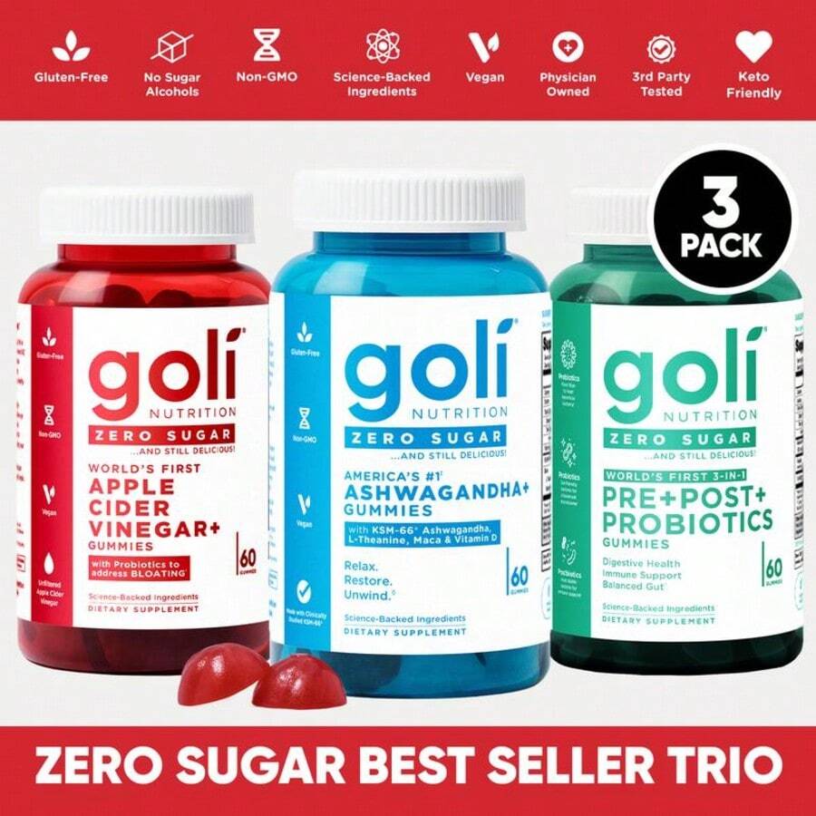 Zero Sugar Best Seller Trio - World's First 3-In-1 Pre, Post, Probiotic, Apple Cider Vinegar With Vitamin B12 And Probiotics To Address Bloating, Ashwagandha & L-Theanine, Vitamin D Gummies. Gluten-Free, Vegan, Non-GMO & Gelatin-Free - 600g - 查看 1