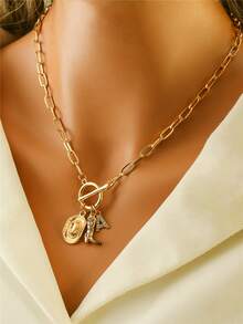 1pc Retro Classic Letter Western Cowboy Hat Pendant, With Gold Stainless Steel Paperclip Chain, Women Necklace - Yellow Gold - View 4