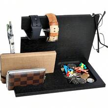 Wooden Bedside Organiser Phone Docking Station, Nightstand Key Wallet Watch Stand Gifts For Men Dad Husband Boyfriend - Đen-2 - Xem 2