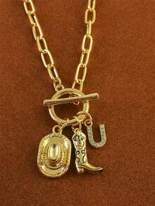 1pc Retro Classic Letter Western Cowboy Hat Pendant, With Gold Stainless Steel Paperclip Chain, Women Necklace - Yellow Gold - View 11