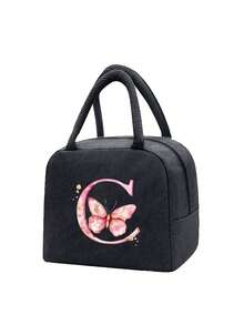 Pink Butterfly & Letter Pattern Insulated Lunch Bag, Thermal Lunch Box, Suitable For Students, Office, Camping, Picnic, School, University, Lightweight Portable Canvas Lunch Storage Bag - Multicolor - View 26