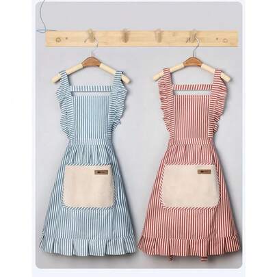 Linen Striped Apron, Fashionable And Breathable, Suitable For Housework, Restaurant, Home, Outdoor, Kitchen And Other Occasions. Princess Waist Design With Shoulder Strap And Waist Strap, Made Of High-Quality Fabric, Resistant To Friction And Pilling. Adjustable Wide Tie At The Back, Fits Various Body Types.