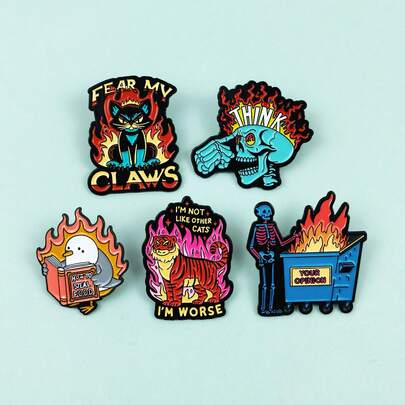 1pc Black Enamel Skull Cat Badge Set - Flame Badge, Suitable For Punk Style And Emotional Expression Outfit