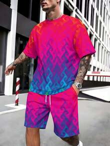 Two-Piece, Vibrant And Eye-Catching, Knitted Fabric, Gradient Color Design, Men's Seaside Vacation, Summer Seaside Vacation, Red, Blue And Pink Gradient Wave Pattern, Men's Short-Sleeve Beach Pants Set - 彩色 - 查看 3