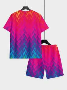 Two-Piece, Vibrant And Eye-Catching, Knitted Fabric, Gradient Color Design, Men's Seaside Vacation, Summer Seaside Vacation, Red, Blue And Pink Gradient Wave Pattern, Men's Short-Sleeve Beach Pants Set - 彩色 - 查看 5