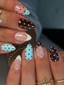 24片杏仁形蓝棕渐变法式波点全覆盖美甲贴片，包含1瓶甲油胶和1把指甲锉，适合所有女性和女孩日常佩戴、度假、派对、秋冬季节。 - 彩色 - 查看 1