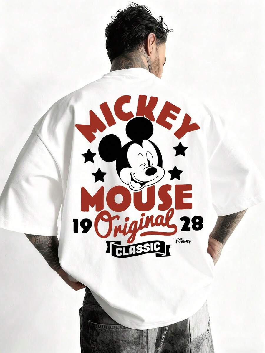 Disney-1928 Original Classic Mickey Blink Retro Pattern T-Shirt, Slimming Down With Half Sleeves, Nostalgic And Eye-Catching Item On The Street - 白色 - 查看 1