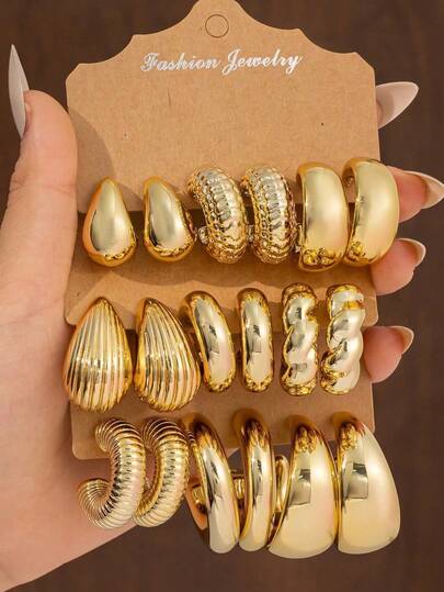 Set de 6/18 piezas de pendientes con forma de lágrima y geométrica en tono dorado, adecuados para uso diario y festivo. Hechos de resina ABS con chapado UV, hipoalergénicos, elegantes y de moda para mujeres. Gran regalo para novias y madres.