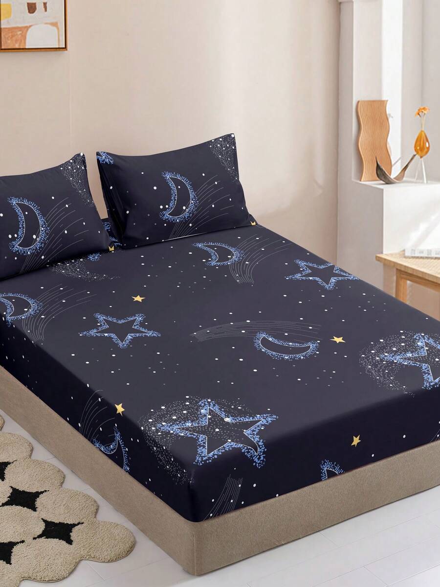 3件套时尚简约星月图案床上用品套装（1个床笠+2个枕套，不含枕芯） - 深藍色 - 查看 1