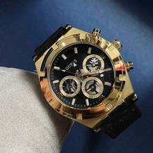 Guess 男士时尚商务休闲三眼多功能黑金镂空表盘硅胶表带石英表 - GW0262G2 - 金色 - 查看 6