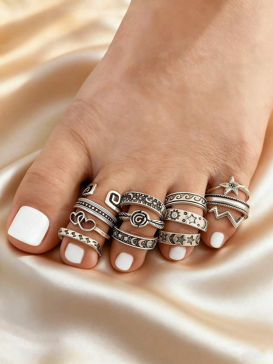 9 Pcs Adjustable Foot Ring Set Snake Butterfly Dragonfly Dolphin Heart Leaf Etc Shape Foot Ring Set For Women Girls - Antique Silver - View 1