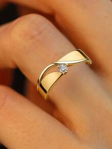 1枚时尚微镶立方氧化锆圆形装饰铜戒指，适合女性日常佩戴、婚礼、订婚、派对首饰、情人节礼物 - 金色 - 查看 2