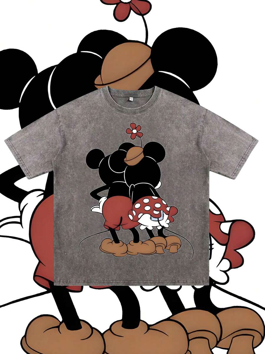 T-shirt d'été pour homme à manches courtes en pur coton lavé, orné de motifs Mickey et Minnie de Disney, effet vieilli, coupe unique, tissu en pur coton, confortable et respirant, style décontracté et urbain, col rond ; une marque de mode de haute qualité, un cadeau surprise idéal pour la famille et les amis. - Gris - Voir 1