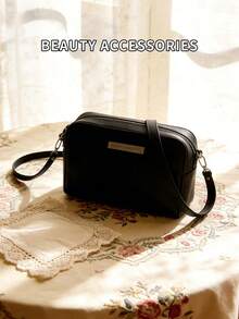 女士时尚纹理单肩包，休闲通勤斜挎拉链手提包 - 黑色 - 查看 5