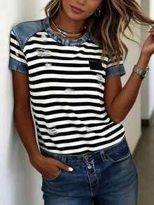 Women's Fashion Loose Casual Contrast Striped Denim Style Short Sleeve Shirt Summer - Multicolor - View 7