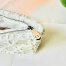 Christian Dior White Woven Plaid Cosmetic Bag, 3D Diamond Grid Pattern With Circular Weave Texture, Embossed Logo, Silver Metal Zipper, Made Of 100% Polyester (RPET) Durable Material. Soft White Satin Lining To Effectively Protect Cosmetics. - White - View 2