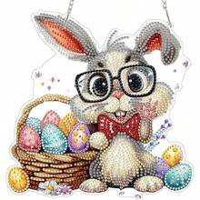 Pingente de pintura de diamante 2D com coelhinho da Páscoa feliz e corrente, conjunto de artesanato para decoração de janelas e entradas com pintura de diamante para adultos. - Multicolor-4 - Ver 7