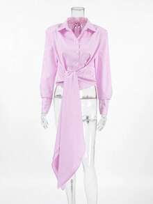 Áo sơ mi nữ dài tay dáng suông màu hồng kẻ sọc, thắt nơ, thích hợp mặc hàng ngày vào mùa xuân. - Hồng - Xem 2