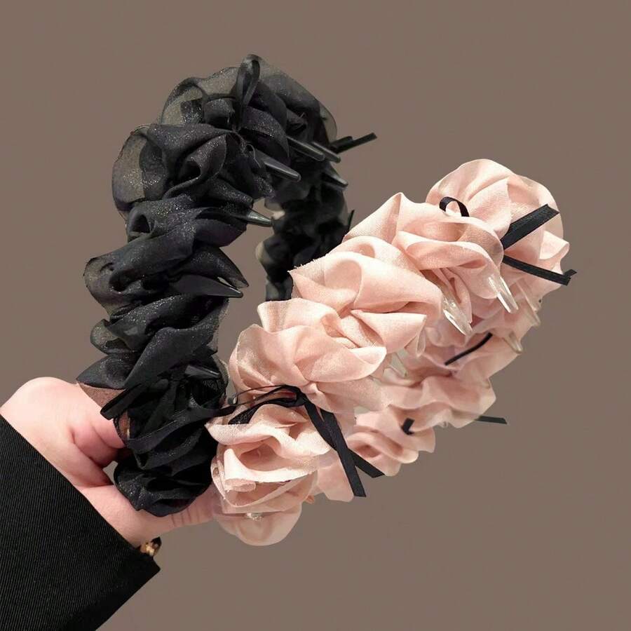 1pc Ballerina Girl Dreamy Bowknot Pleated Headband, High Crown Design With Ruffle Edges, Cute Hair Accessory - Multicolor - View 1