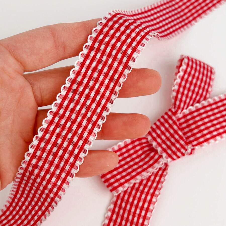 2 Yards Red Exquisite Plaid Ribbon, Lace Trim Ribbon, Bouquet Decorative Satin Ribbon, Suitable For Handmade Bouquets, Gift Wrapping, Party Decor, Floral Design, Gift Ribbon, Event Decoration, Floral Ribbon - 1pc Red - View 1