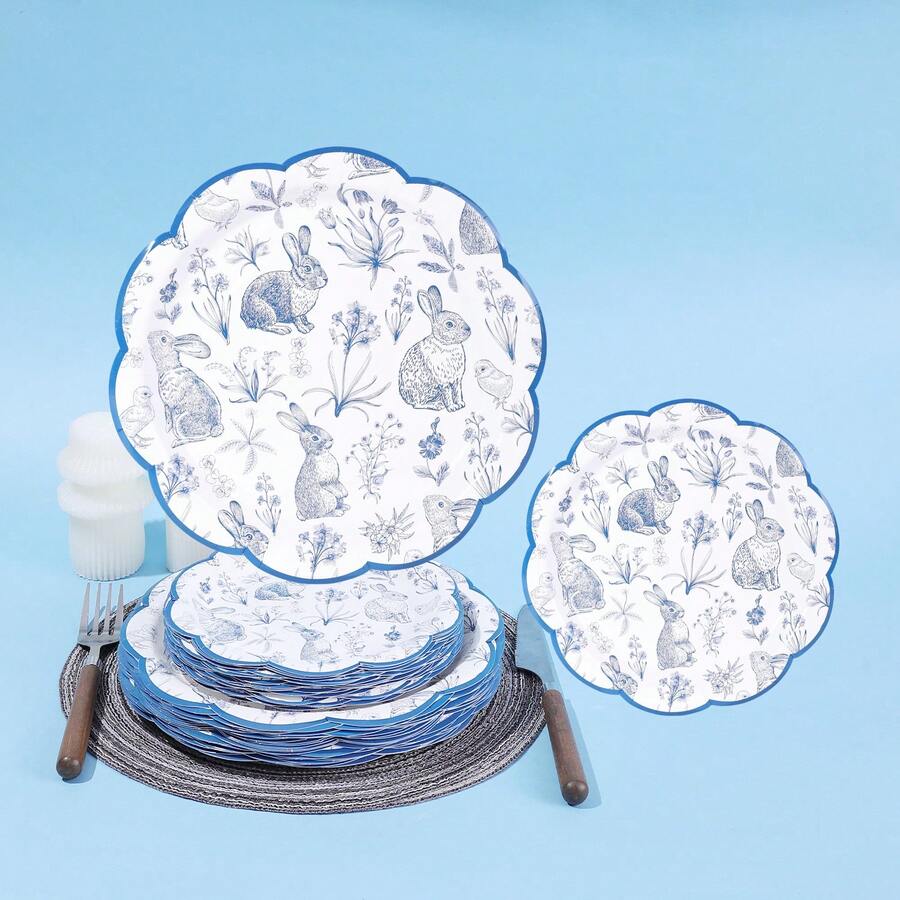 10pcs/20pcs/40pcs/50pcs Blue Easter Bunny 7" And 9" Paper Plates, Floral Bunny Blue Classic Floral Rim Paper Plates Vintage Floral Plates For Easter Wedding Tea Party, Blue Sketch Bunny Disposable Decorative Dinner Plates For Easter Baby Shower Decor And Supplies - View 1