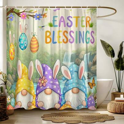 1pc Easter Shower Curtain, Rabbit & Eggs, Waterproof Single Shower Curtain Bathroom Shower Curtain Set Curtain, Bathroom Decoration Set Curtain With Carpet Including Waterproof Shower Curtain