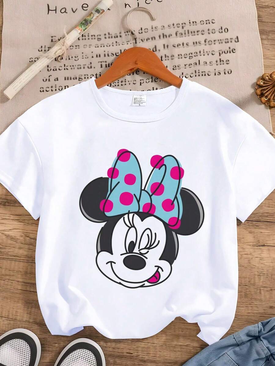 Disney Minnie Mouse Series Graphic Print Casual Short Sleeve T-Shirt, Slightly Stretchy, Opaque, Easy Care Fabric, Suitable For Everyday Wear - White - View 1